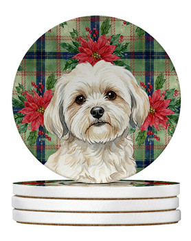 White Lhasa Apso Christmas Poinsettias Large Sandstone Absorbent Round Coasters Pack of 4 product image at NuMercy