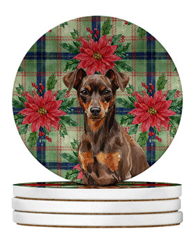Chocolate and Rust Miniature Pinscher Min Pin Christmas Poinsettias Large Sandstone Absorbent Round Coasters Pack of 4 product image at NuMercy