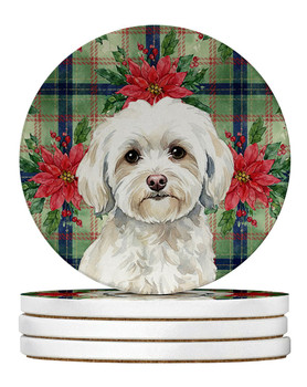 White Havanese Christmas Poinsettias Large Sandstone Absorbent Round Coasters Pack of 4 product image at NuMercy