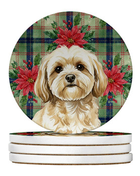 Cream Lhasa Apso Christmas Poinsettias Large Sandstone Absorbent Round Coasters Pack of 4 product image at NuMercy