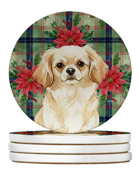 Cream Tibetan Spaniel Christmas Poinsettias Large Sandstone Absorbent Round Coasters Pack of 4 product image at NuMercy