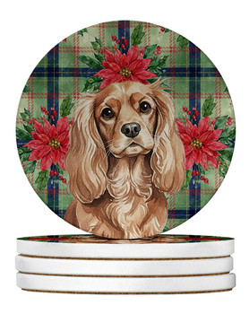Ruby Cavalier Spaniel Christmas Poinsettias Large Sandstone Absorbent Round Coasters Pack of 4 product image at NuMercy