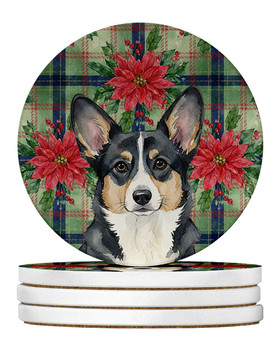 Black and White Cardigan Welsh Corgi Christmas Poinsettias Large Sandstone Absorbent Round Coasters Pack of 4 product image at NuMercy
