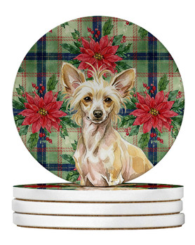 Hairless Palomino Chinese Crested Christmas Poinsettias Large Sandstone Absorbent Round Coasters Pack of 4 product image at NuMercy