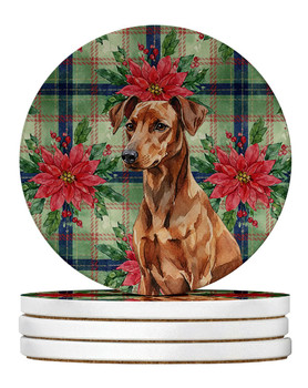 Red German Pinscher Christmas Poinsettias Large Sandstone Absorbent Round Coasters Pack of 4 product image at NuMercy