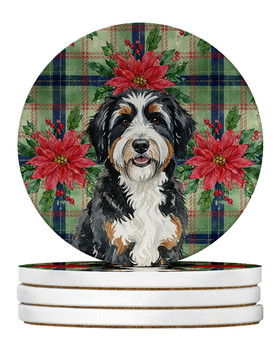 Bernedoodle Christmas Poinsettias Large Sandstone Absorbent Round Coasters Pack of 4 product image at NuMercy