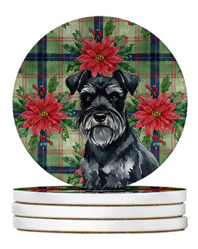 Black Miniature Schnauzer Christmas Poinsettias Large Sandstone Absorbent Round Coasters Pack of 4 product image at NuMercy