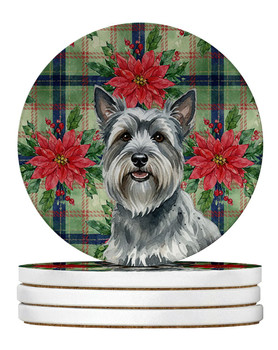 Gray Skye Terrier Christmas Poinsettias Large Sandstone Absorbent Round Coasters Pack of 4 product image at NuMercy