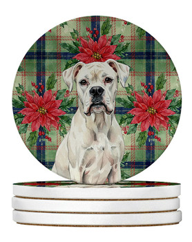 White Boxer Christmas Poinsettias Large Sandstone Absorbent Round Coasters Pack of 4 product image at NuMercy