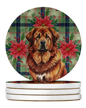 Red Gold Tibetan Mastiff Christmas Poinsettias Large Sandstone Absorbent Round Coasters Pack of 4 product image at NuMercy