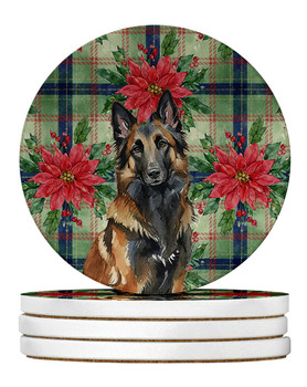 Belgian Tervuren Christmas Poinsettias Large Sandstone Absorbent Round Coasters Pack of 4 product image at NuMercy