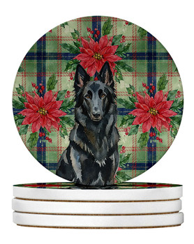 Belgian Sheepdog Groenendael Christmas Poinsettias Large Sandstone Absorbent Round Coasters Pack of 4 product image at NuMercy