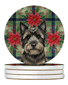 Black Cairn Terrier Christmas Poinsettias Large Sandstone Absorbent Round Coasters Pack of 4 product image at NuMercy