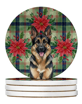 German Shepherd Christmas Poinsettias Large Sandstone Absorbent Round Coasters Pack of 4 product image at NuMercy
