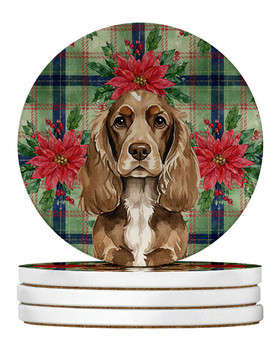 Chocolate Cocker Spaniel Christmas Poinsettias Large Sandstone Absorbent Round Coasters Pack of 4 product image at NuMercy