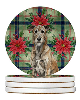 Brindle Irish Wolfhound Christmas Poinsettias Large Sandstone Absorbent Round Coasters Pack of 4 product image at NuMercy