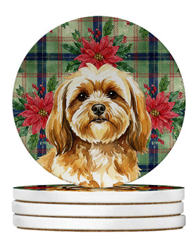Gold Lhasa Apso Christmas Poinsettias Large Sandstone Absorbent Round Coasters Pack of 4 product image at NuMercy