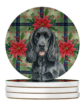 Black Cocker Spaniel Christmas Poinsettias Large Sandstone Absorbent Round Coasters Pack of 4 product image at NuMercy