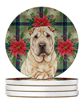 Shar Pei Christmas Poinsettias Large Sandstone Absorbent Round Coasters Pack of 4 product image at NuMercy
