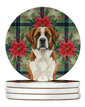 Brown and White Saint Bernard Christmas Poinsettias Large Sandstone Absorbent Round Coasters Pack of 4 product image at NuMercy