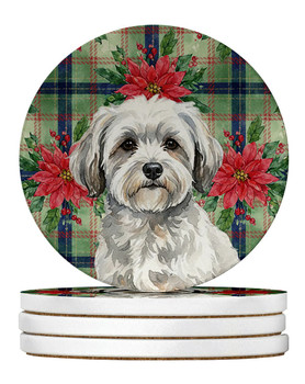 White with Gray Coton de Tulear Christmas Poinsettias Large Sandstone Absorbent Round Coasters Pack of 4 product image at NuMercy