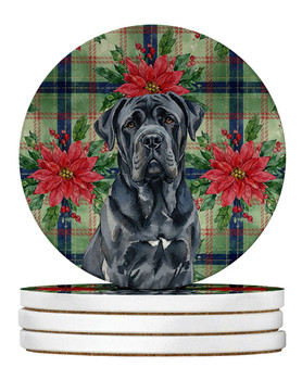 Black Neapolitan Mastiff Christmas Poinsettias Large Sandstone Absorbent Round Coasters Pack of 4 product image at NuMercy