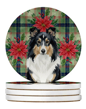 Tricolor Sheltie Christmas Poinsettias Large Sandstone Absorbent Round Coasters Pack of 4 product image at NuMercy