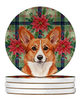 Red Cardigan Welsh Corgi Christmas Poinsettias Large Sandstone Absorbent Round Coasters Pack of 4 product image at NuMercy