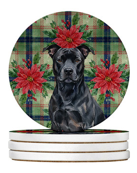 Black American Staffordshire Terrier Christmas Poinsettias Large Sandstone Absorbent Round Coasters Pack of 4 product image at NuMercy