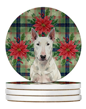White Bull Terrier Christmas Poinsettias Large Sandstone Absorbent Round Coasters Pack of 4 product image at NuMercy