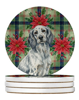 Blue Belton English Setter Christmas Poinsettias Large Sandstone Absorbent Round Coasters Pack of 4 product image at NuMercy