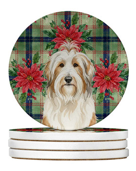 White and Tan Bearded Collie Christmas Poinsettias Large Sandstone Absorbent Round Coasters Pack of 4 product image at NuMercy