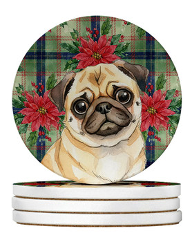 Fawn Pug Christmas Poinsettias Large Sandstone Absorbent Round Coasters Pack of 4 product image at NuMercy