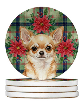Fawn Chihuahua Christmas Poinsettias Large Sandstone Absorbent Round Coasters Pack of 4 product image at NuMercy