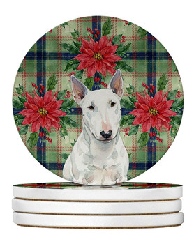 White Miniature Bull Terrier Christmas Poinsettias Large Sandstone Absorbent Round Coasters Pack of 4 product image at NuMercy