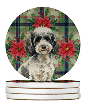Toy Parti Poodle Christmas Poinsettias Large Sandstone Absorbent Round Coasters Pack of 4 product image at NuMercy