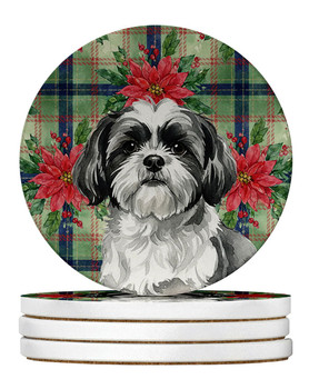 Black and White Shih Tzu Christmas Poinsettias Large Sandstone Absorbent Round Coasters Pack of 4 product image at NuMercy