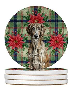 Brindle Scottish Deerhound Christmas Poinsettias Large Sandstone Absorbent Round Coasters Pack of 4 product image at NuMercy