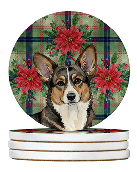 Brindle Cardigan Welsh Corgi Christmas Poinsettias Large Sandstone Absorbent Round Coasters Pack of 4 product image at NuMercy