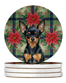 Black and Tan Russian Toy Christmas Poinsettias Large Sandstone Absorbent Round Coasters Pack of 4 product image at NuMercy