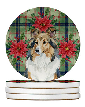 Sable Sheltie Christmas Poinsettias Large Sandstone Absorbent Round Coasters Pack of 4 product image at NuMercy