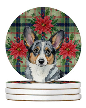 Blue Merle Cardigan Welsh Corgi Christmas Poinsettias Large Sandstone Absorbent Round Coasters Pack of 4 product image at NuMercy