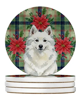American Eskimo Christmas Poinsettias Large Sandstone Absorbent Round Coasters Pack of 4 product image at NuMercy