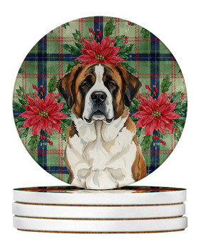 Brindle and White Saint Bernard Christmas Poinsettias Large Sandstone Absorbent Round Coasters Pack of 4 product image at NuMercy