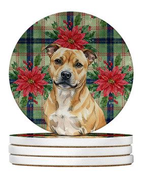 Fawn Staffordshire Bull Terrier Christmas Poinsettias Large Sandstone Absorbent Round Coasters Pack of 4 product image at NuMercy