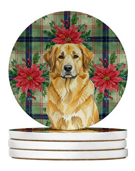 Lion Yellow Leonberger Christmas Poinsettias Large Sandstone Absorbent Round Coasters Pack of 4 product image at NuMercy