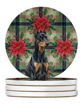 Doberman Pinscher Christmas Poinsettias Large Sandstone Absorbent Round Coasters Pack of 4 product image at NuMercy