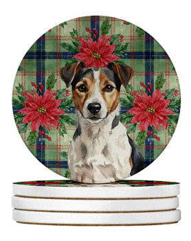 Tricolor Russell Terrier Christmas Poinsettias Large Sandstone Absorbent Round Coasters Pack of 4 product image at NuMercy