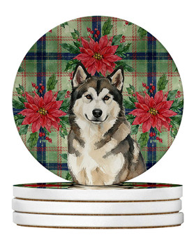 Sable and White Alaskan Malamute Christmas Poinsettias Large Sandstone Absorbent Round Coasters Pack of 4 product image at NuMercy