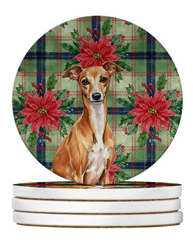 Red Italian Greyhound Christmas Poinsettias Large Sandstone Absorbent Round Coasters Pack of 4 product image at NuMercy